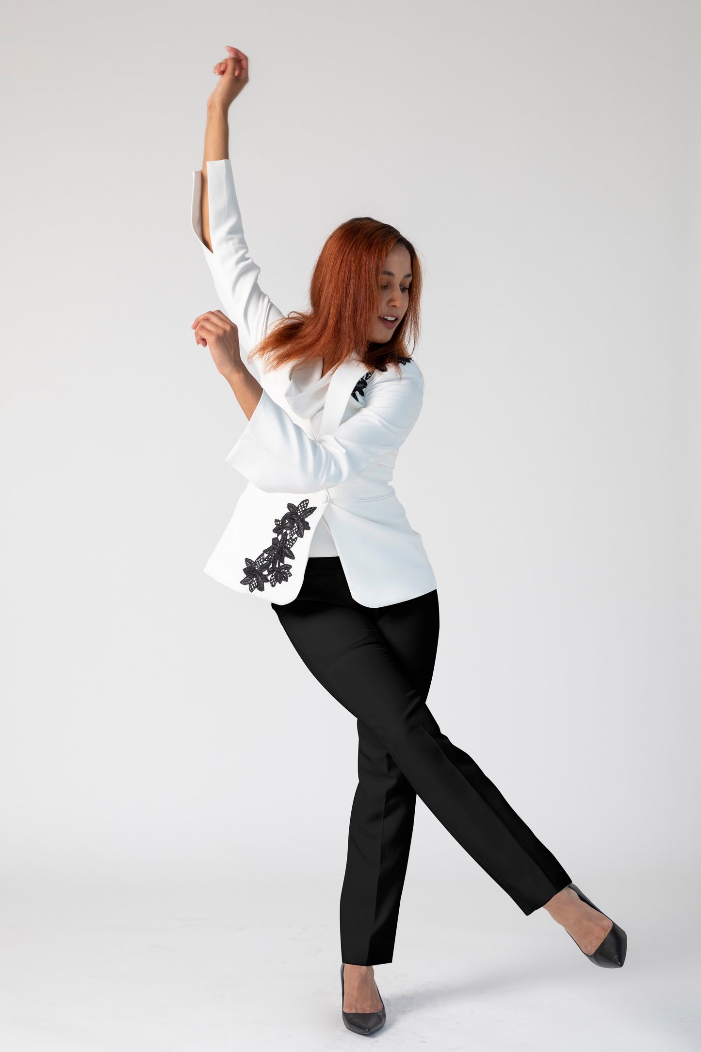 Artistry Lace Power Suit for Women – White Jacket and Black Dress Pants Set