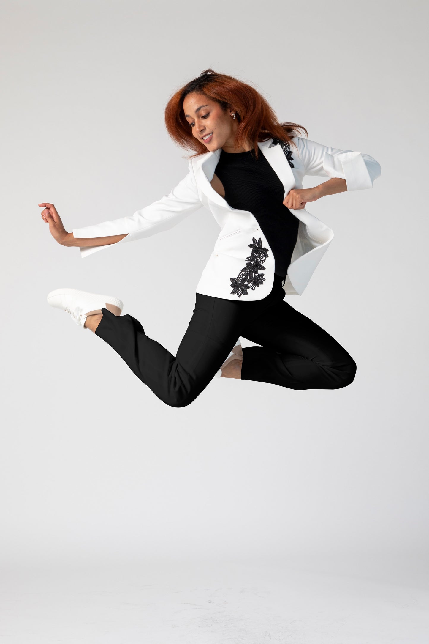 Artistry Lace Power Suit for Women – White Jacket and Black Dress Pants Set