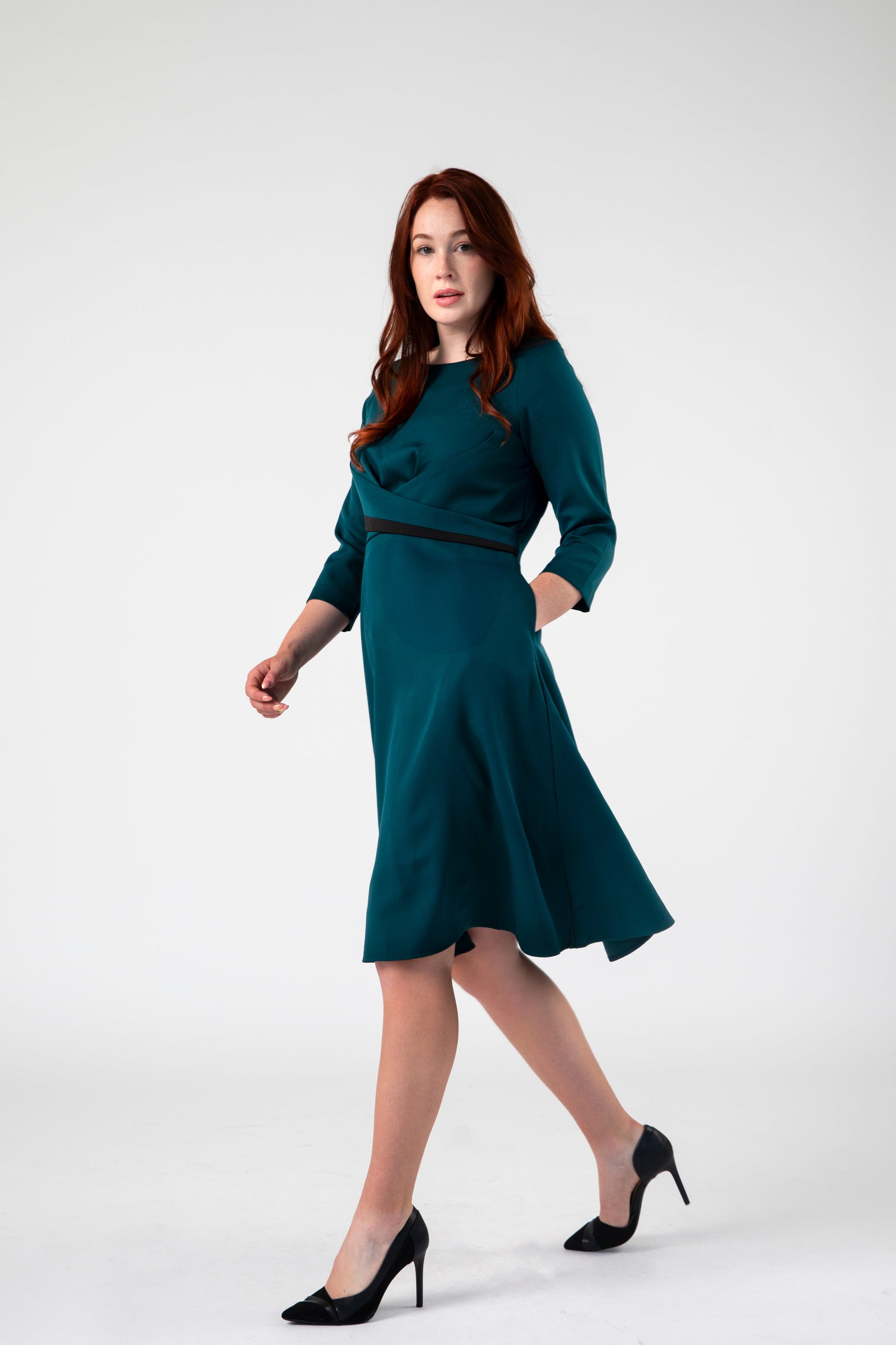 Stylish Fit and Flare Dress with Cross Belt Forest Green / M